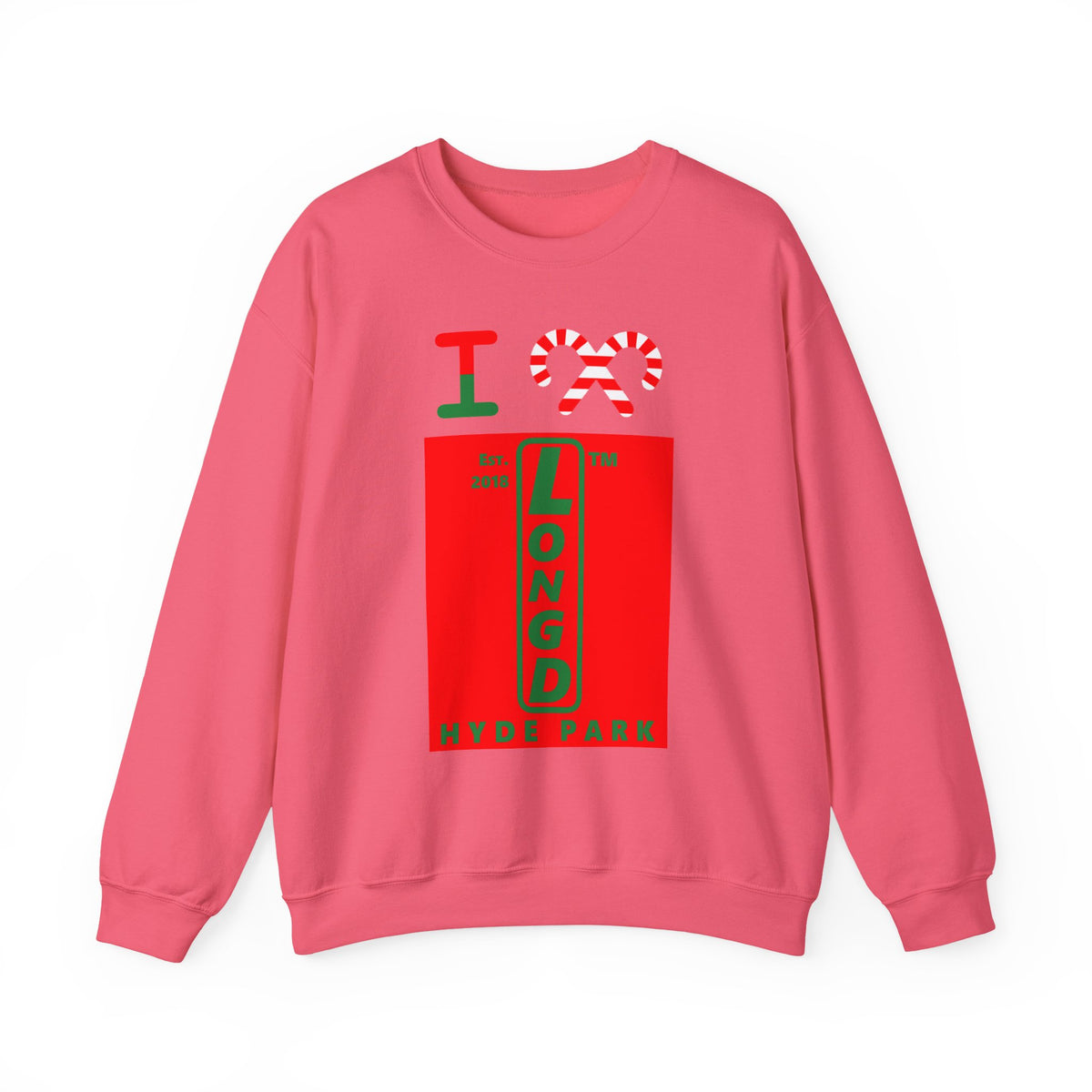 I candy cane LongD Hyde Park upright logo positive green on negative red crewneck sweatshirt