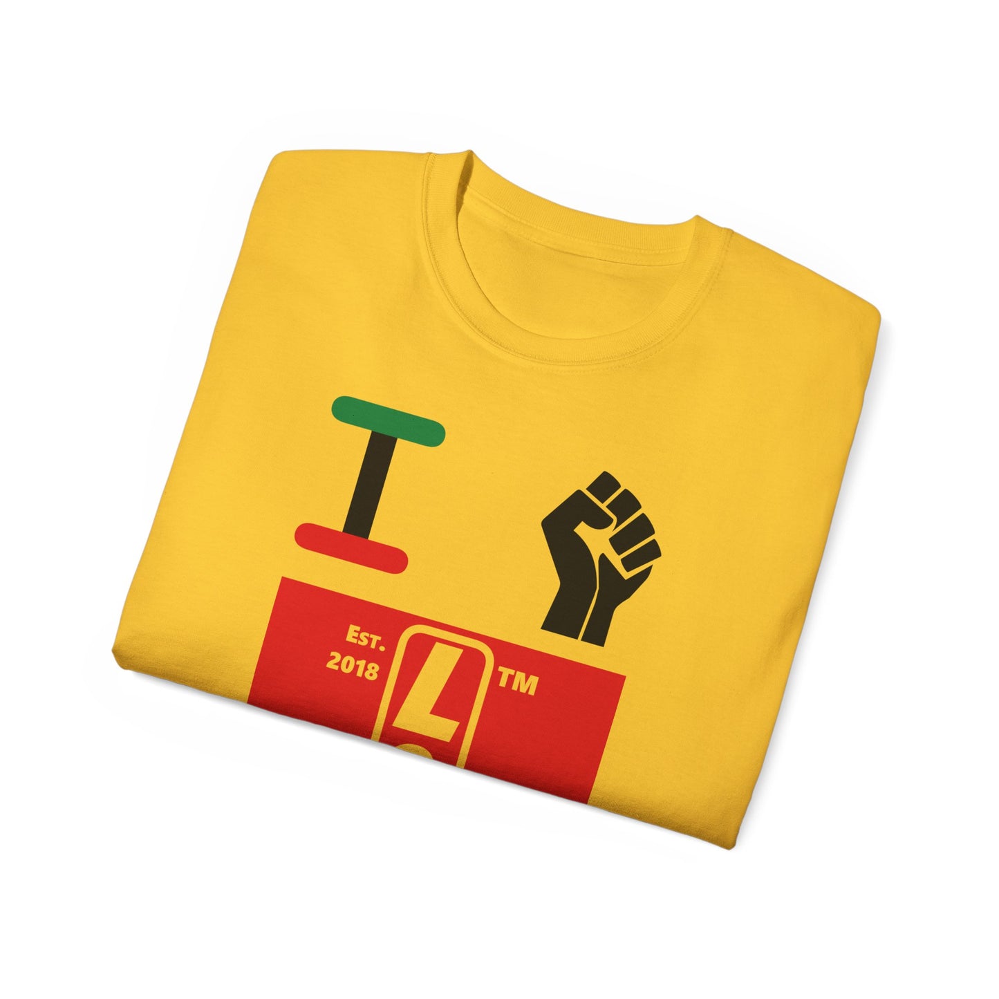 I fist LongD Cotton Tee negative horizontal striped Hyde Park upright logo (Juneteenth colors)