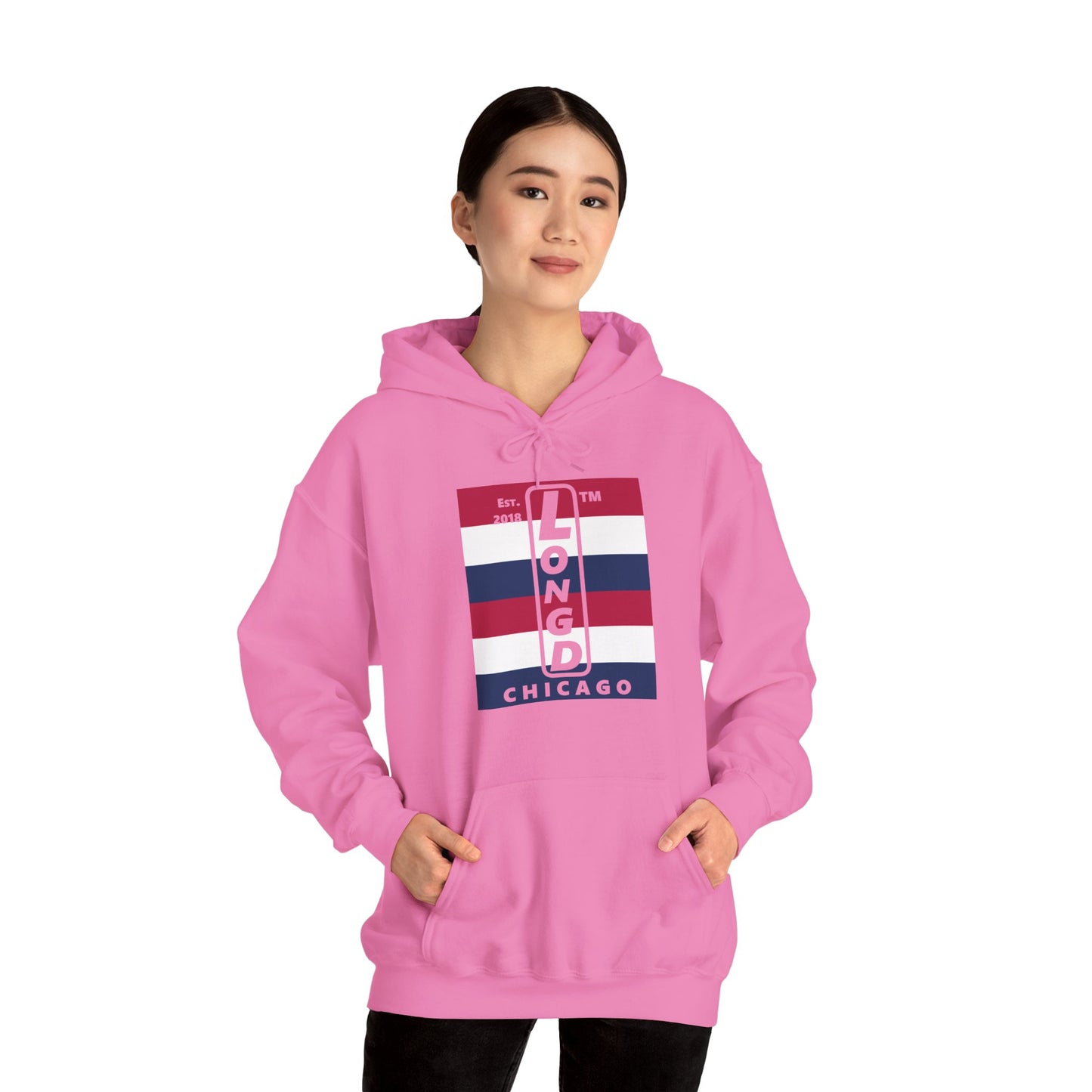 LongD® negative horizontal 6-striped upright Chicago logo hoodie