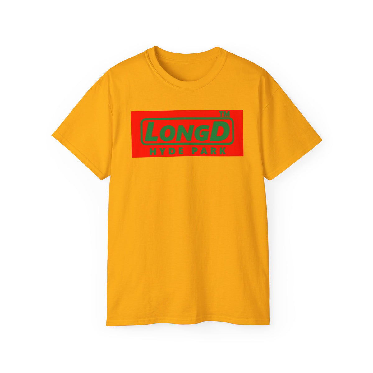 LongD Hyde Park logo positive green on negative red (Xmas colors) cotton tee