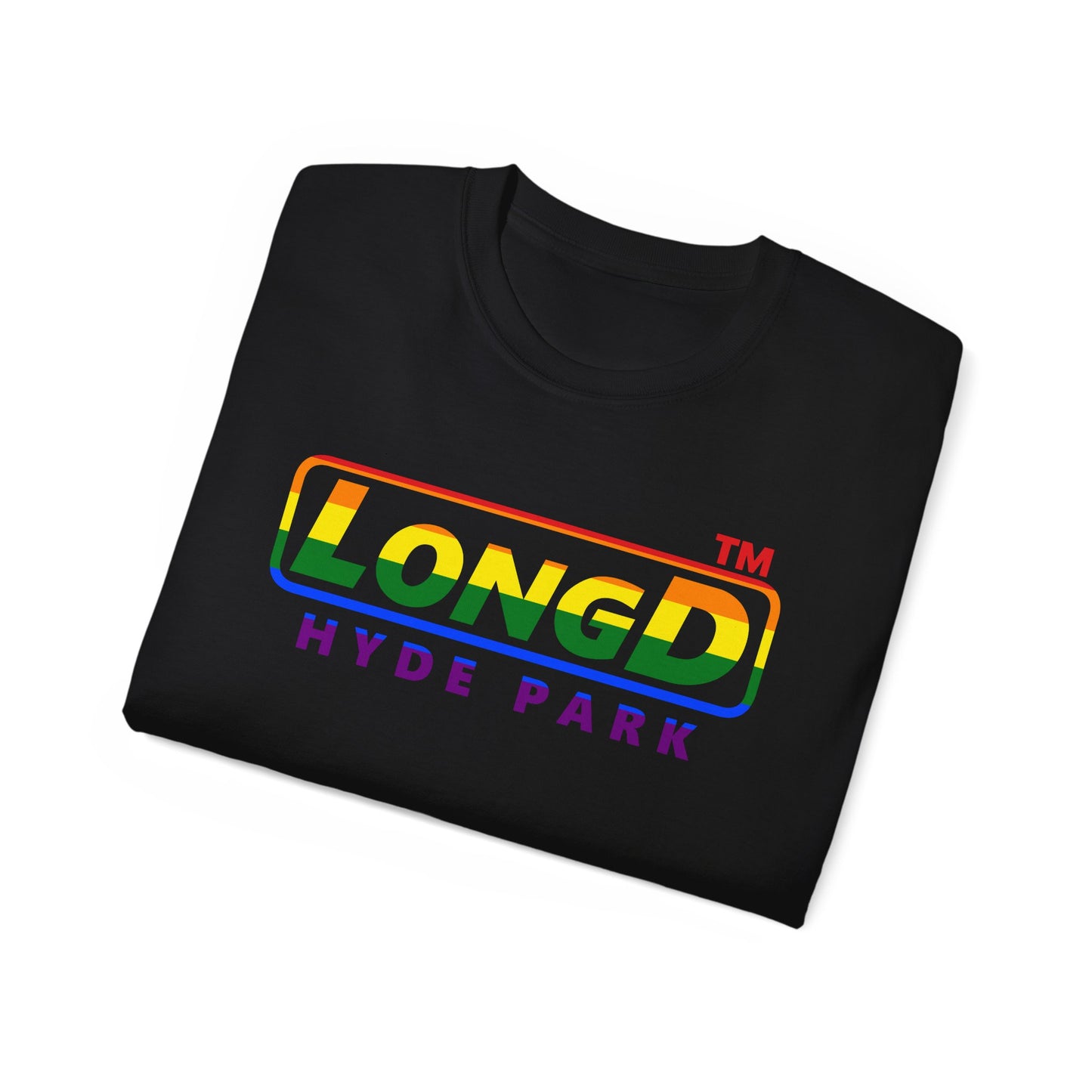 LongD positive horizontal striped Hyde Park logo cotton tee (Pride colors)