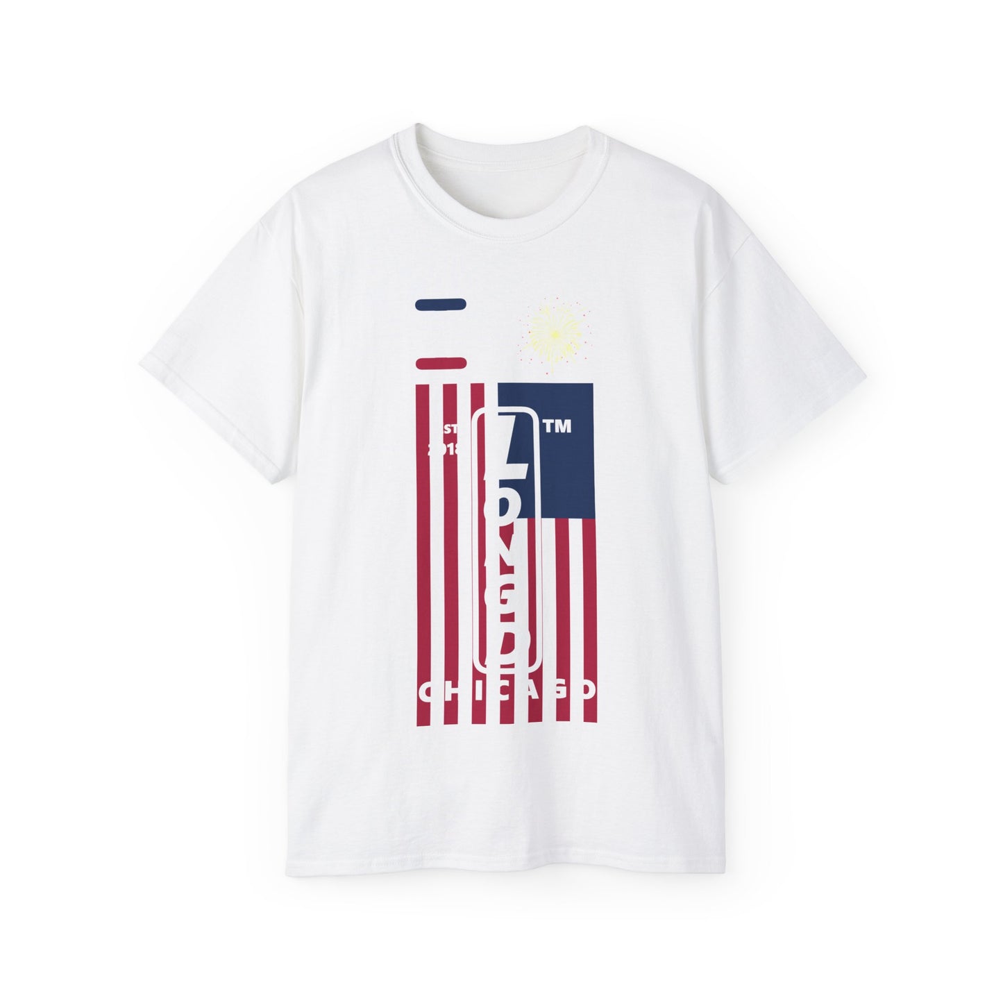 I Burst LongD cotton tee negative flag Chicago upright logo (Patriotic colors)