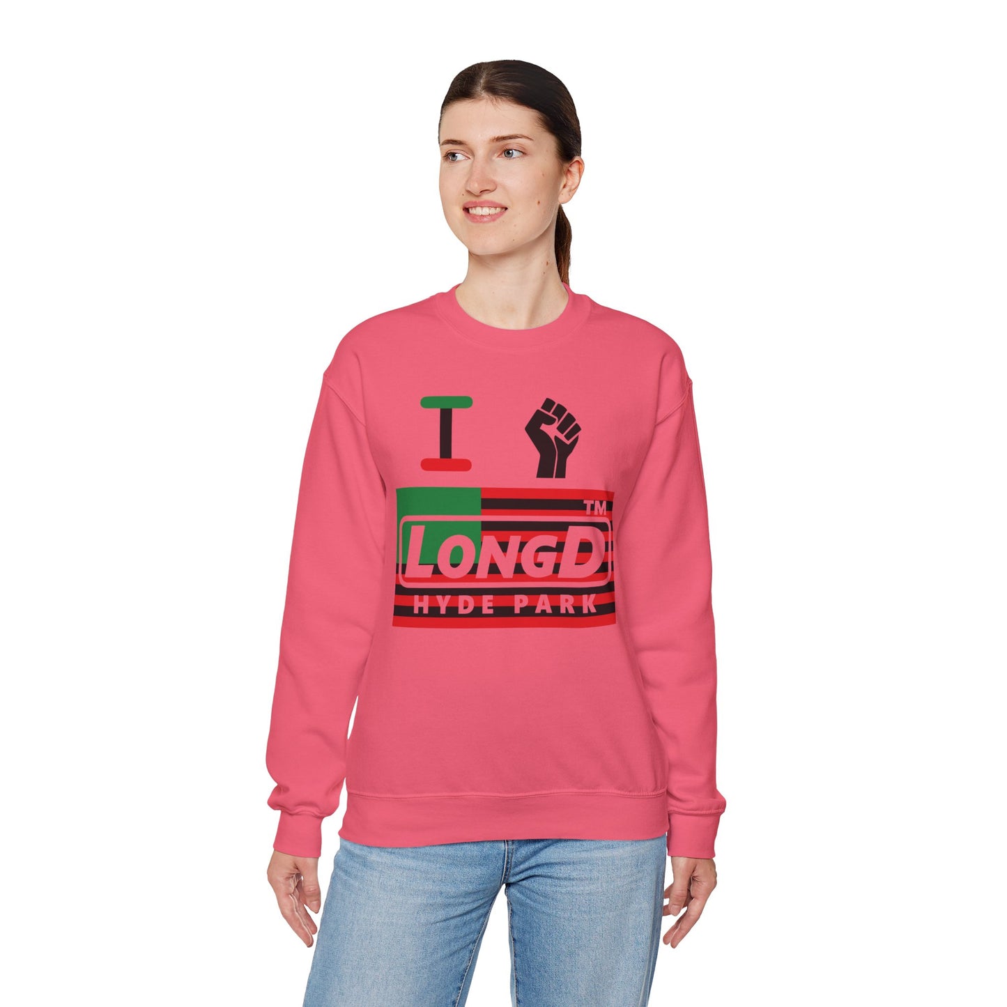 I fist LongD negative flag front-back Hyde Park logo crewneck sweatshirt