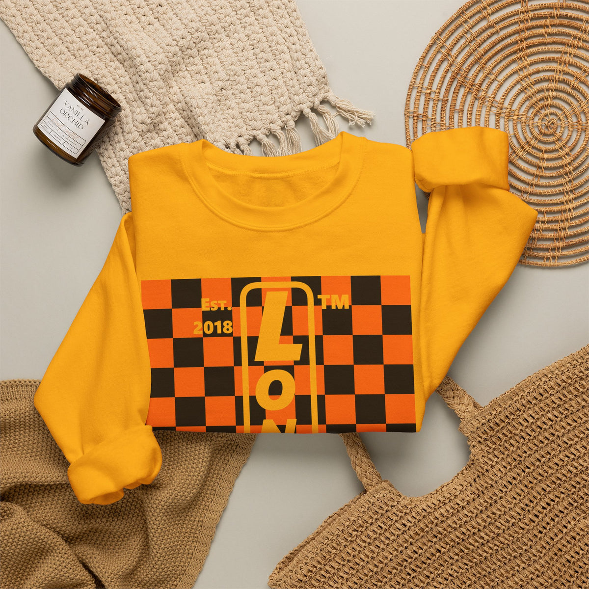 LongD Hyde Park negative upright checkered logo (Halloween colors) crewneck sweatshirt
