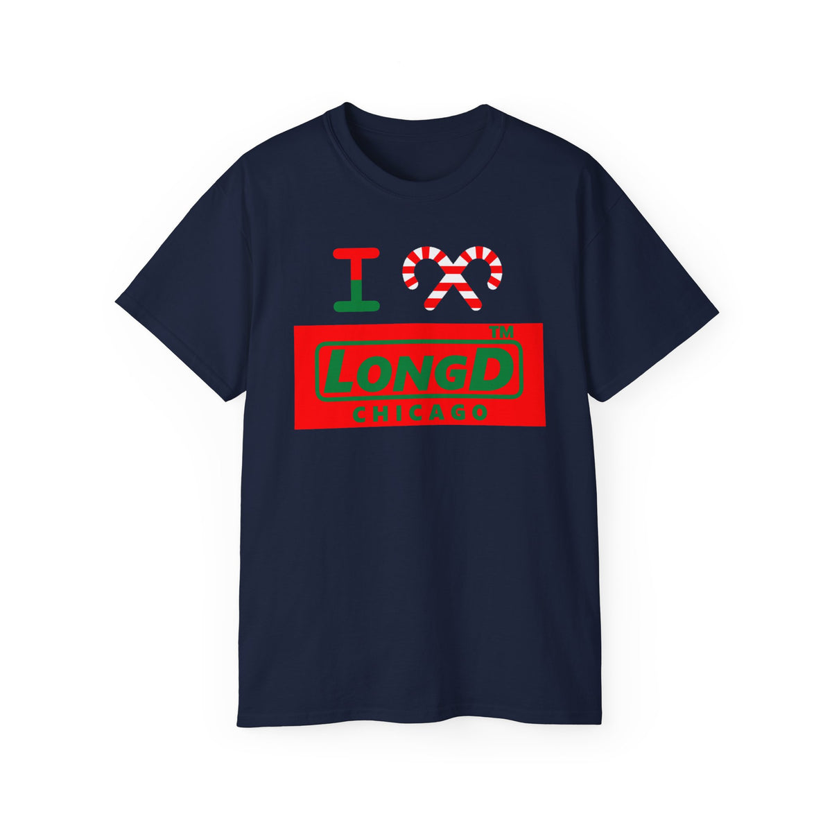 I candy cane LongD Chicago logo positive green on negative red cotton tee