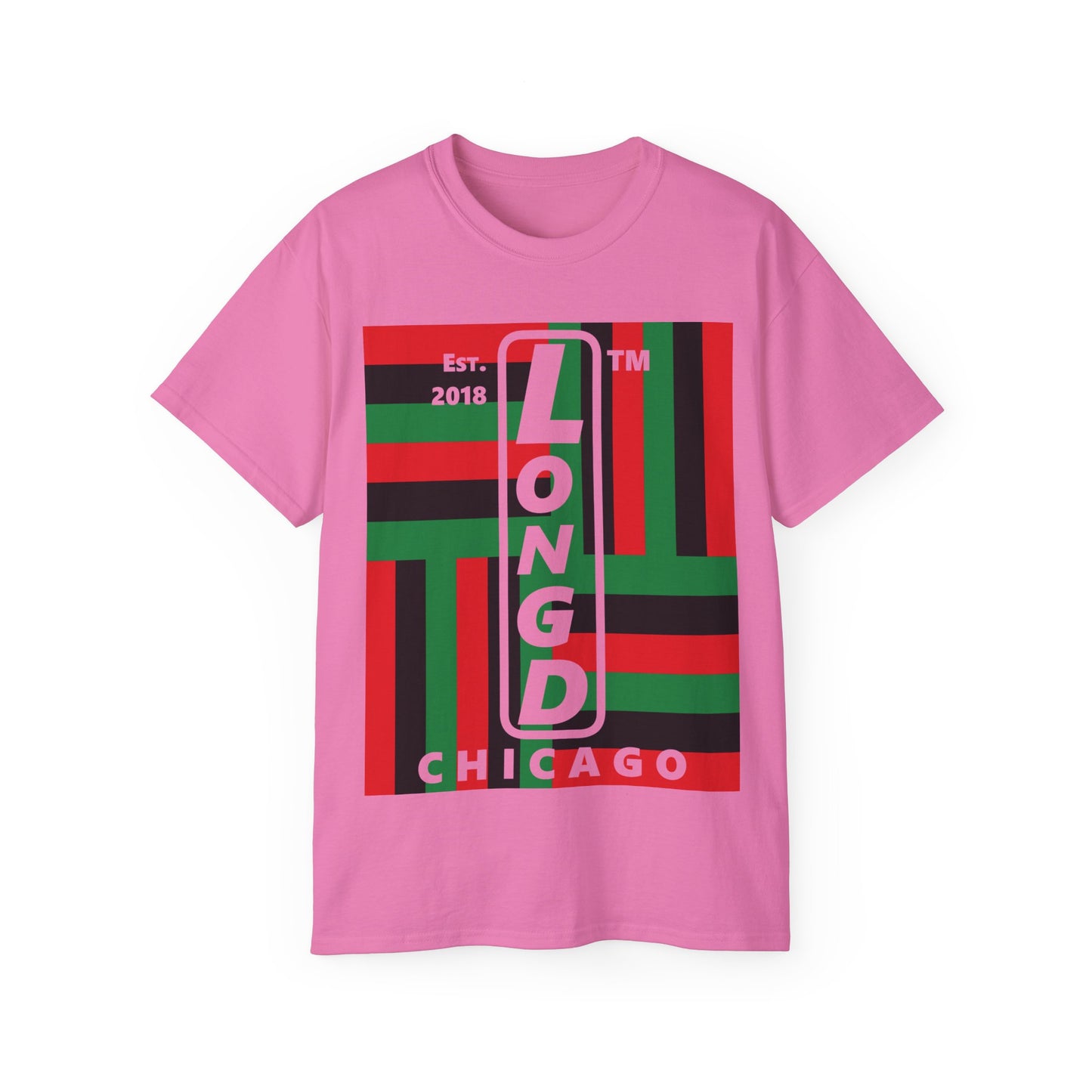 LongD Cotton Tee negative windmill Chicago upright logo (Juneteenth colors)