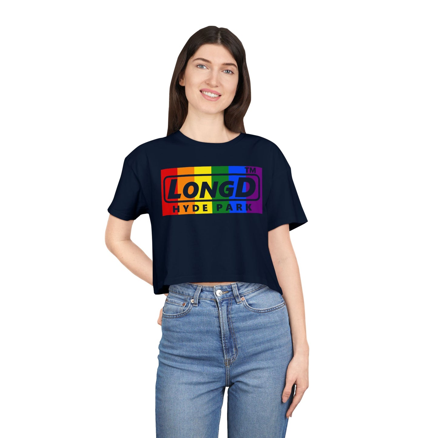 LongD negative vertical 6-striped Hyde Park logo crop tee (Pride colors)