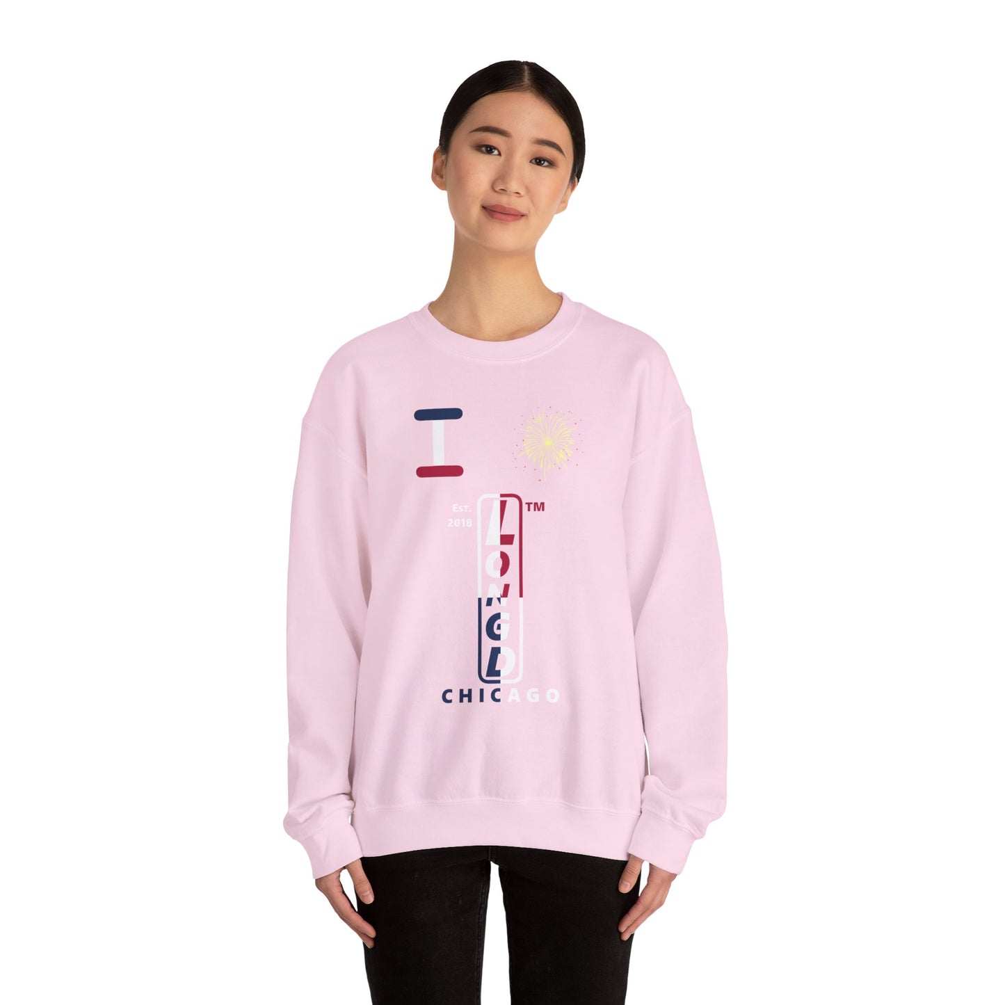 I Burst LongD positive quarters flag Chicago upright logo crewneck sweatshirt