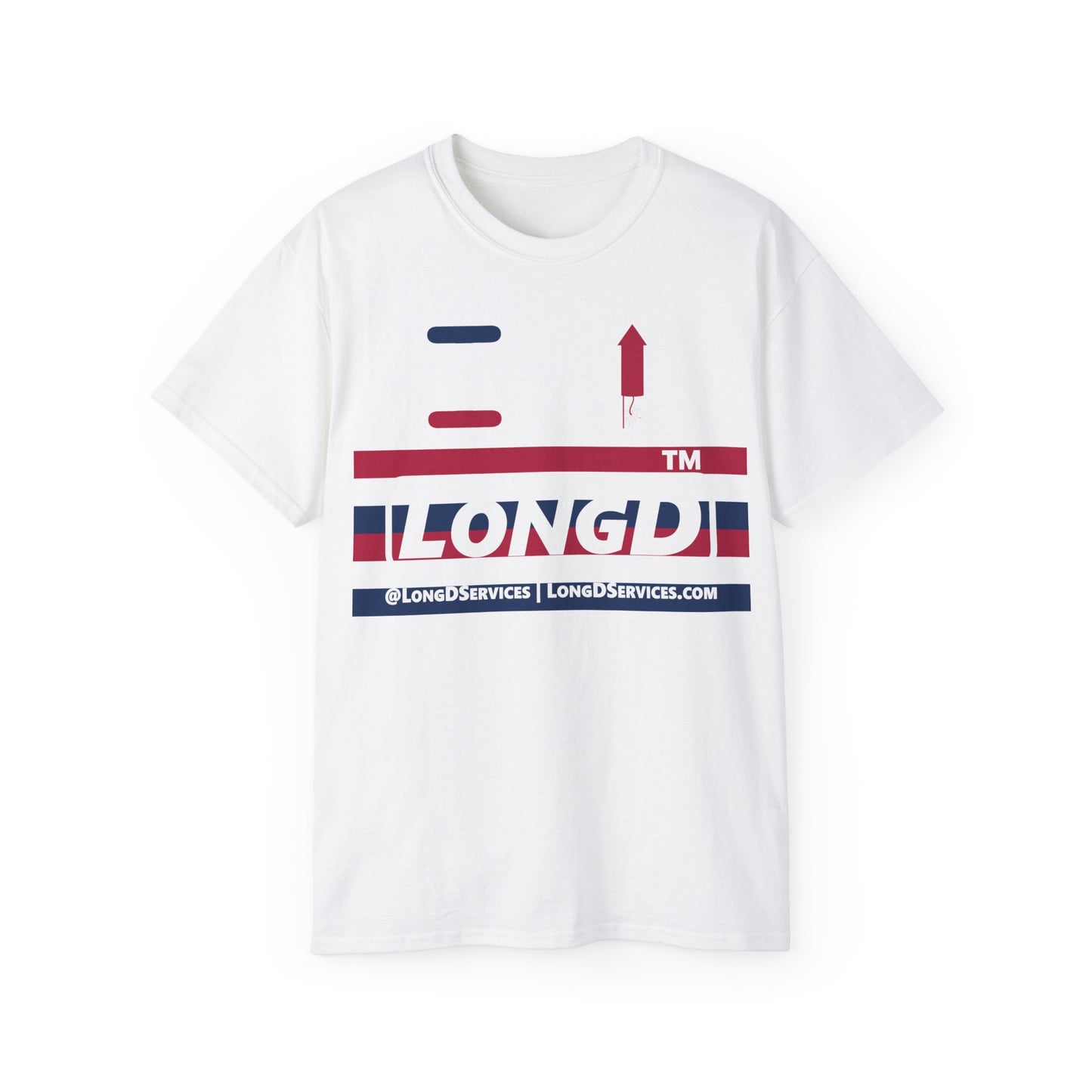 I firecracker LongD negative horizontal 6-striped tag-domain logo cotton tee
