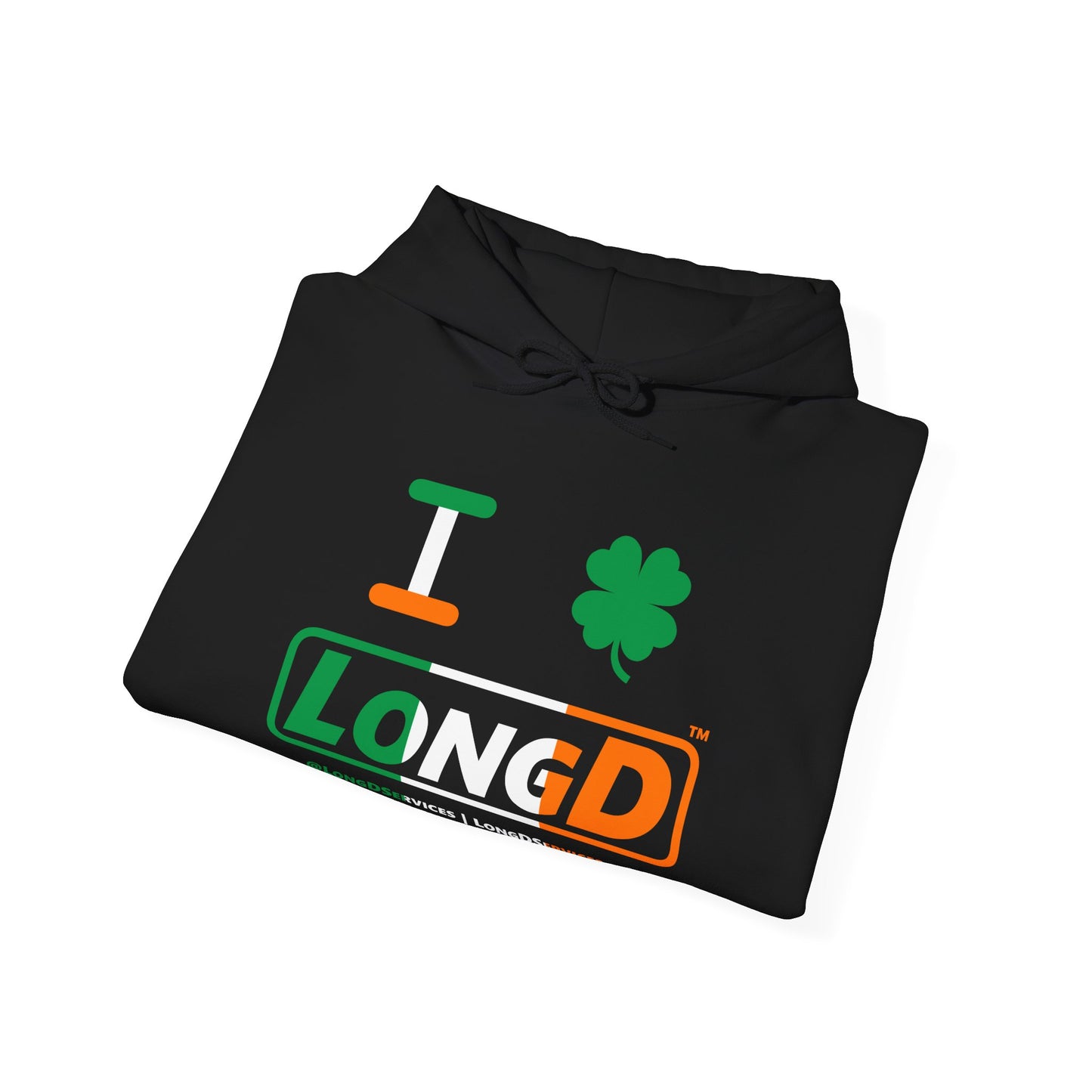 I Clover LongD® Logo Hoodie (St. Patrick's Day Irish Green-Irish Orange-White text)