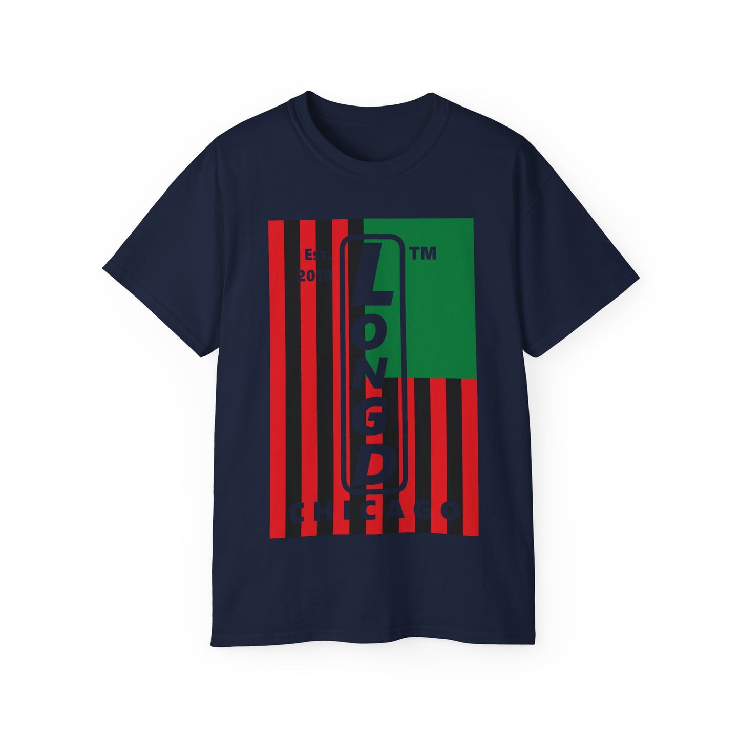 LongD Cotton Tee negative flag Chicago upright logo (Juneteenth colors)