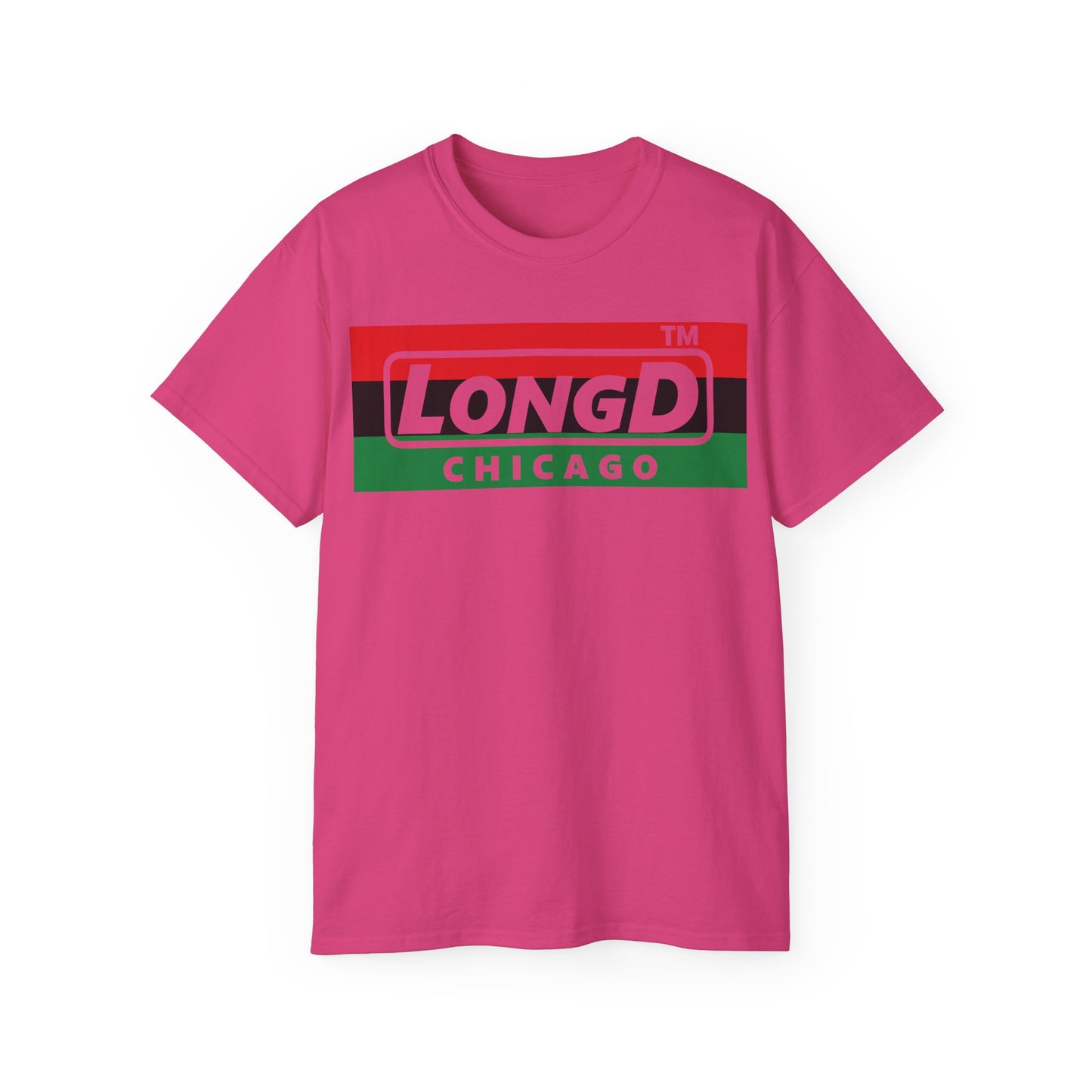 LongD negative horizontal 3-striped Chicago logo cotton tee (Juneteenth colors)