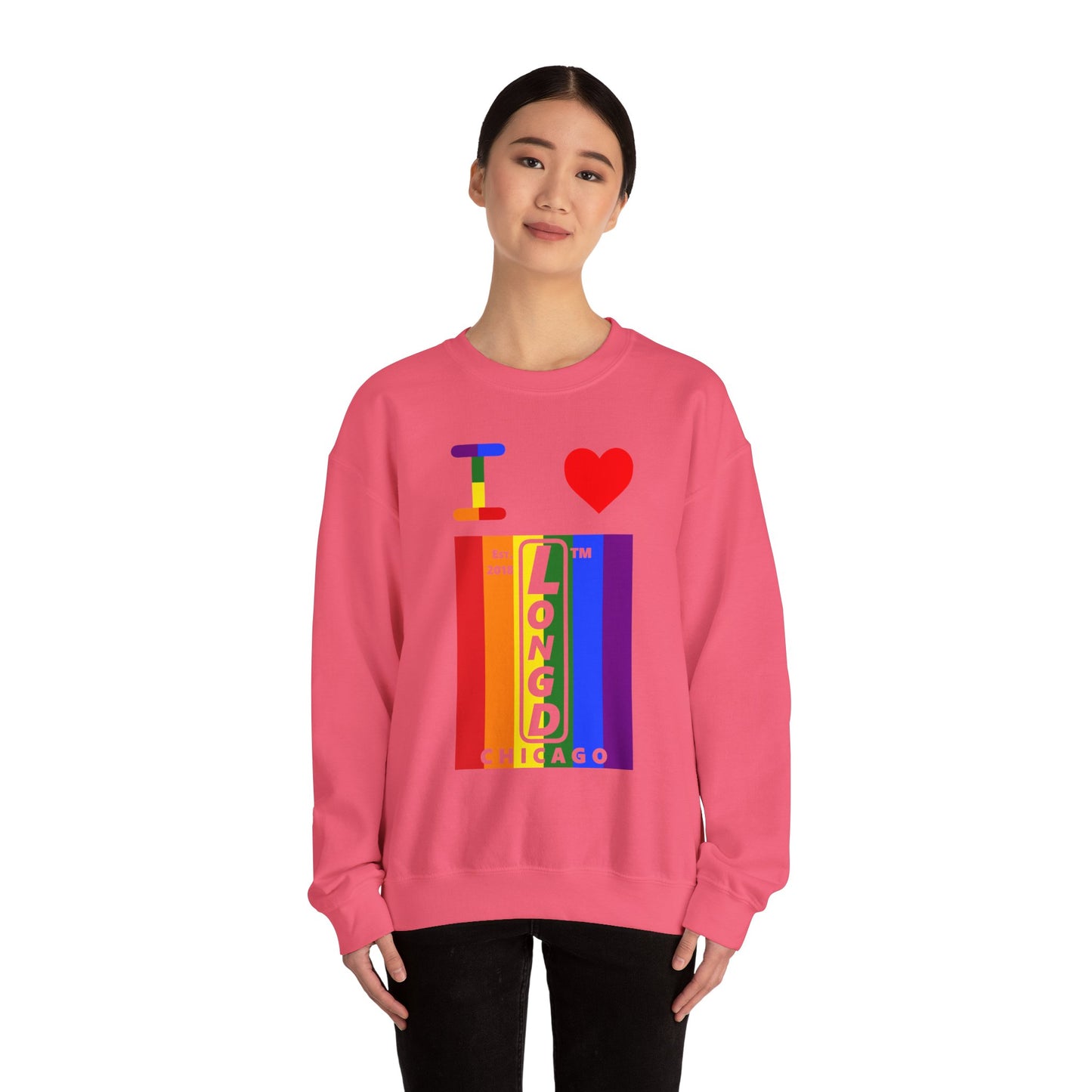 I Luv LongD negative vertical 6-striped Chicago upright logo crewneck sweatshirt