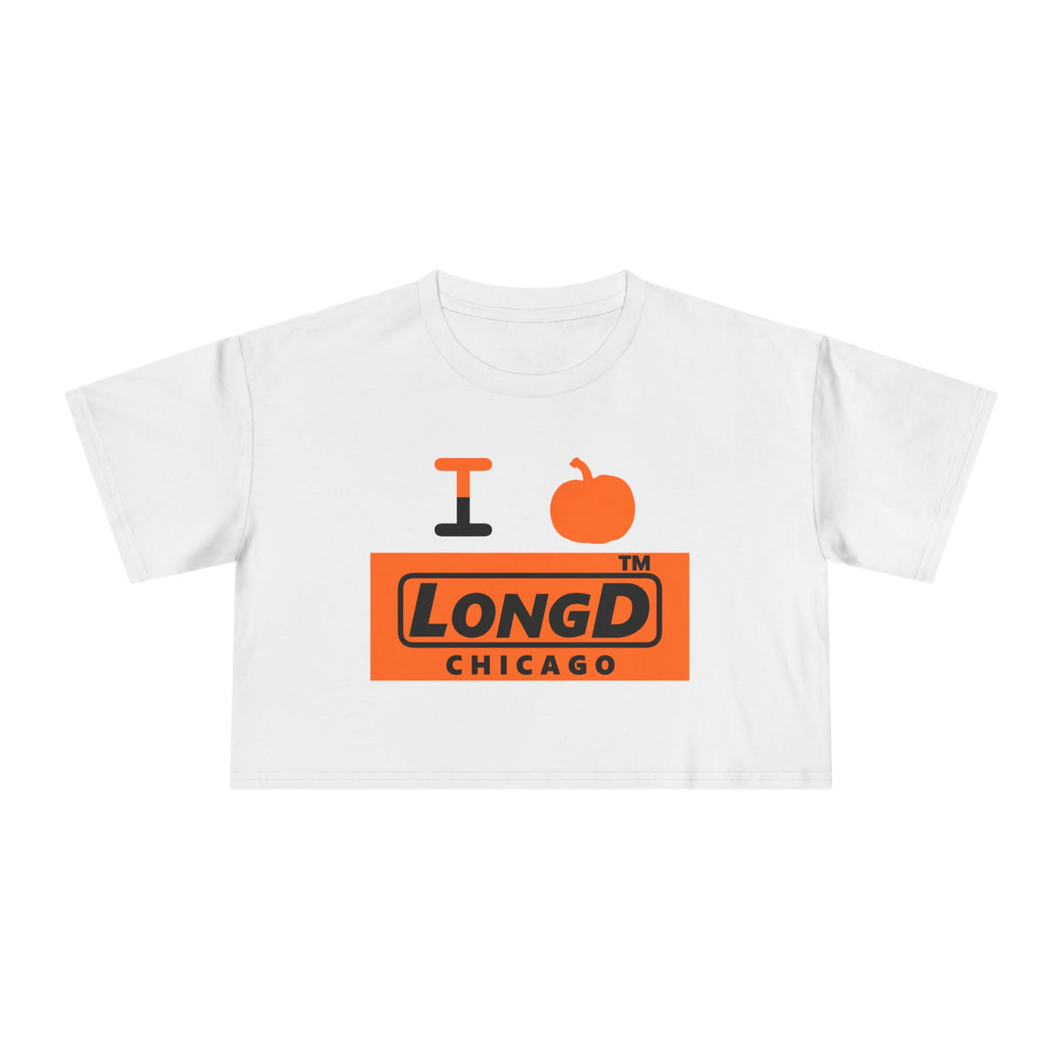 I pumpkin LongD Chicago logo positive black on negative orange crop tee