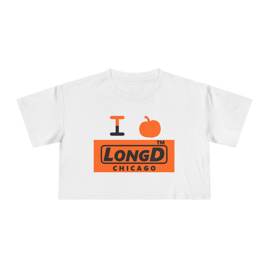 I pumpkin LongD Chicago logo positive black on negative orange crop tee