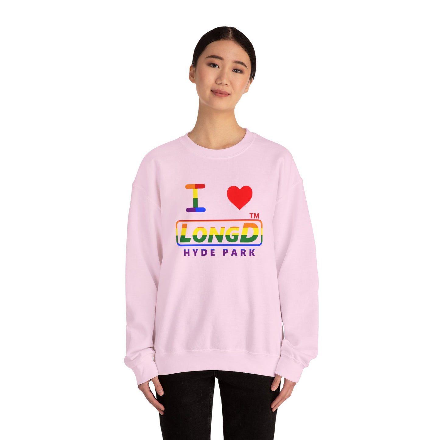 I Luv LongD positive horizontal striped Hyde Park logo crewneck sweatshirt (Pride colors)