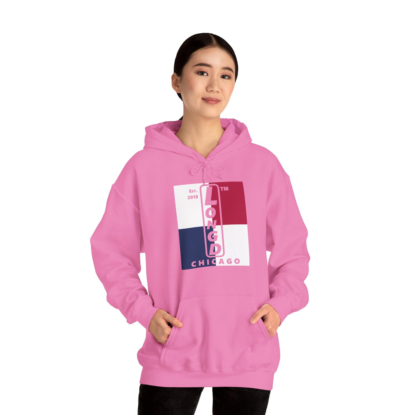 LongD® negative quarters upright Chicago logo hoodie