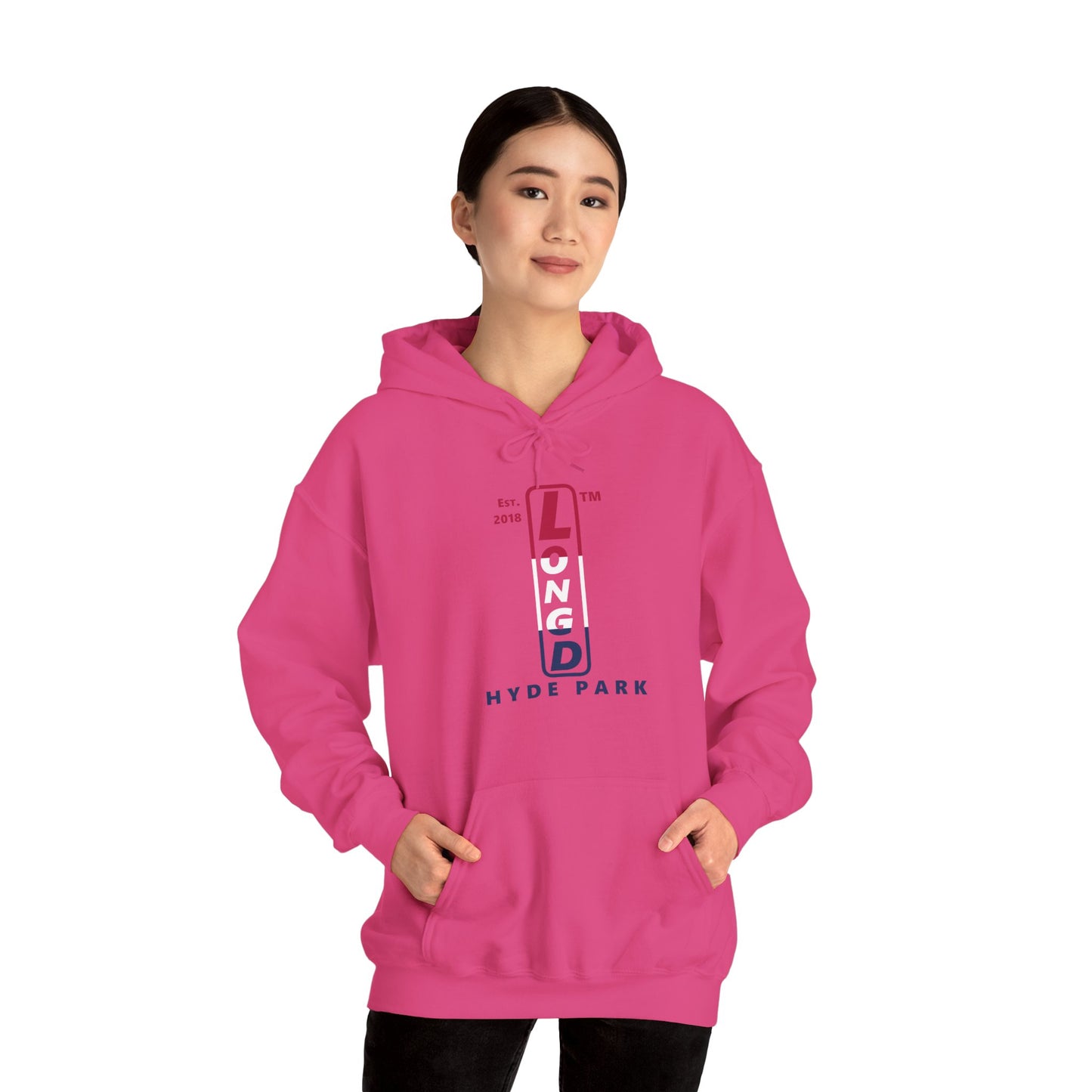 LongD® positive horizontal 3-striped upright Hyde Park logo hoodie