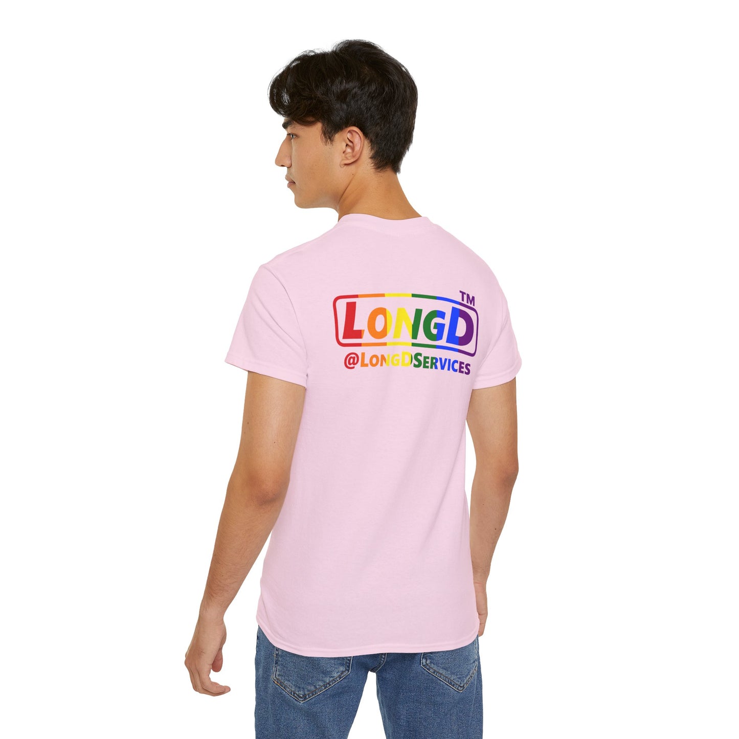 LongD positive vertical striped front-back Hyde Park logo cotton tee (Pride colors)