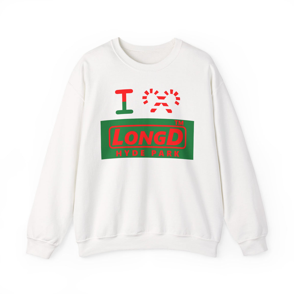 I candy cane LongD Hyde Park logo positive red on negative green crewneck sweatshirt