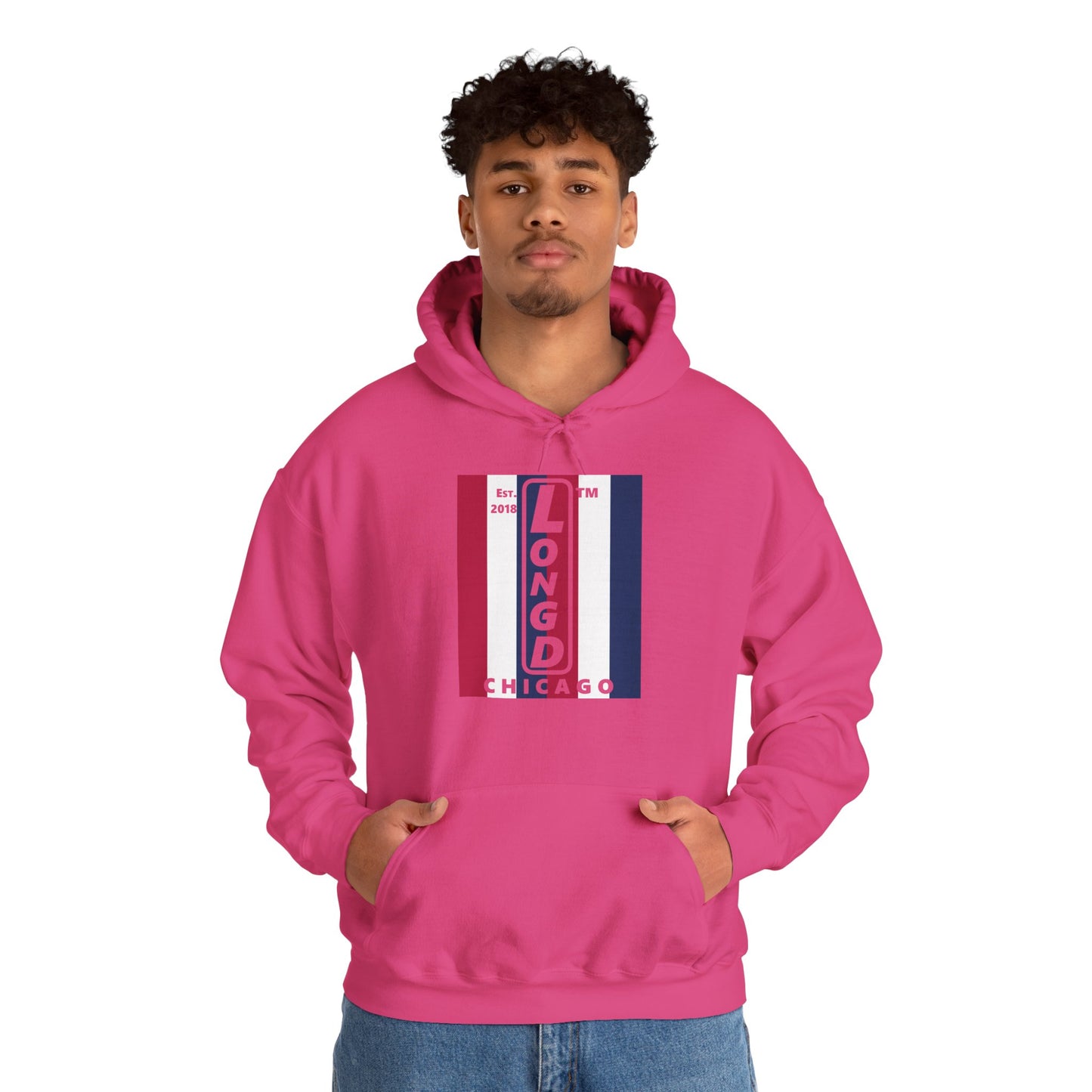 LongD® negative vertical 6-striped upright Chicago logo hoodie