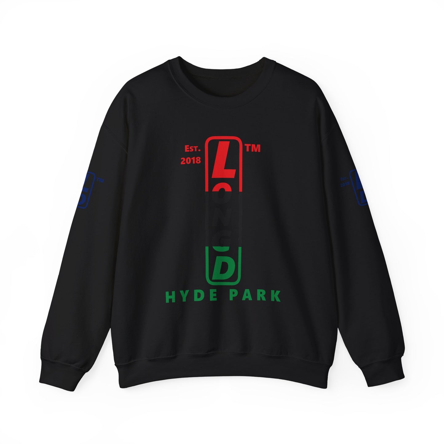LongD positive horizontal 3-striped Hyde Park 4-print upright logo crewneck sweatshirt (Juneteenth colors)