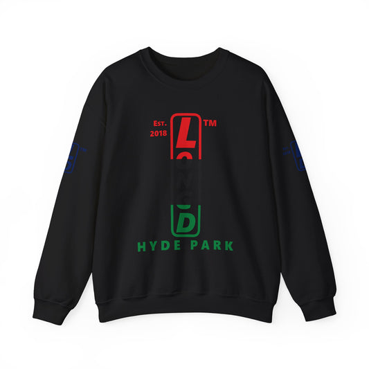 LongD positive horizontal 3-striped Hyde Park 4-print upright logo crewneck sweatshirt (Juneteenth colors)