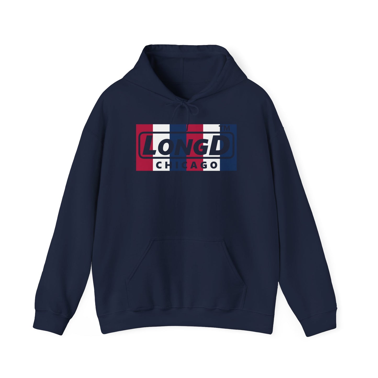 LongD® negative vertical 6-striped Chicago logo hoodie (patriotic colors)