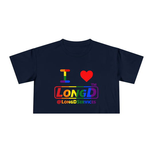 I Luv LongD positive vertical 6-striped tag logo crop tee (Pride colors)