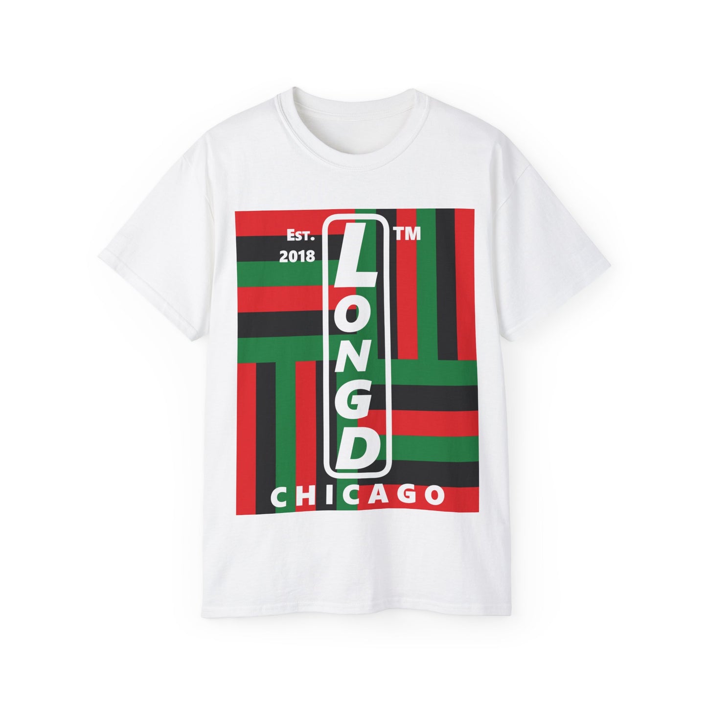LongD Cotton Tee negative windmill Chicago upright logo (Juneteenth colors)