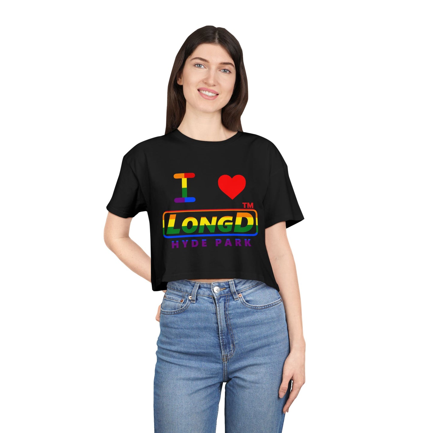 I Luv LongD positive horizontal 6-striped Hyde Park logo crop tee (Pride colors)