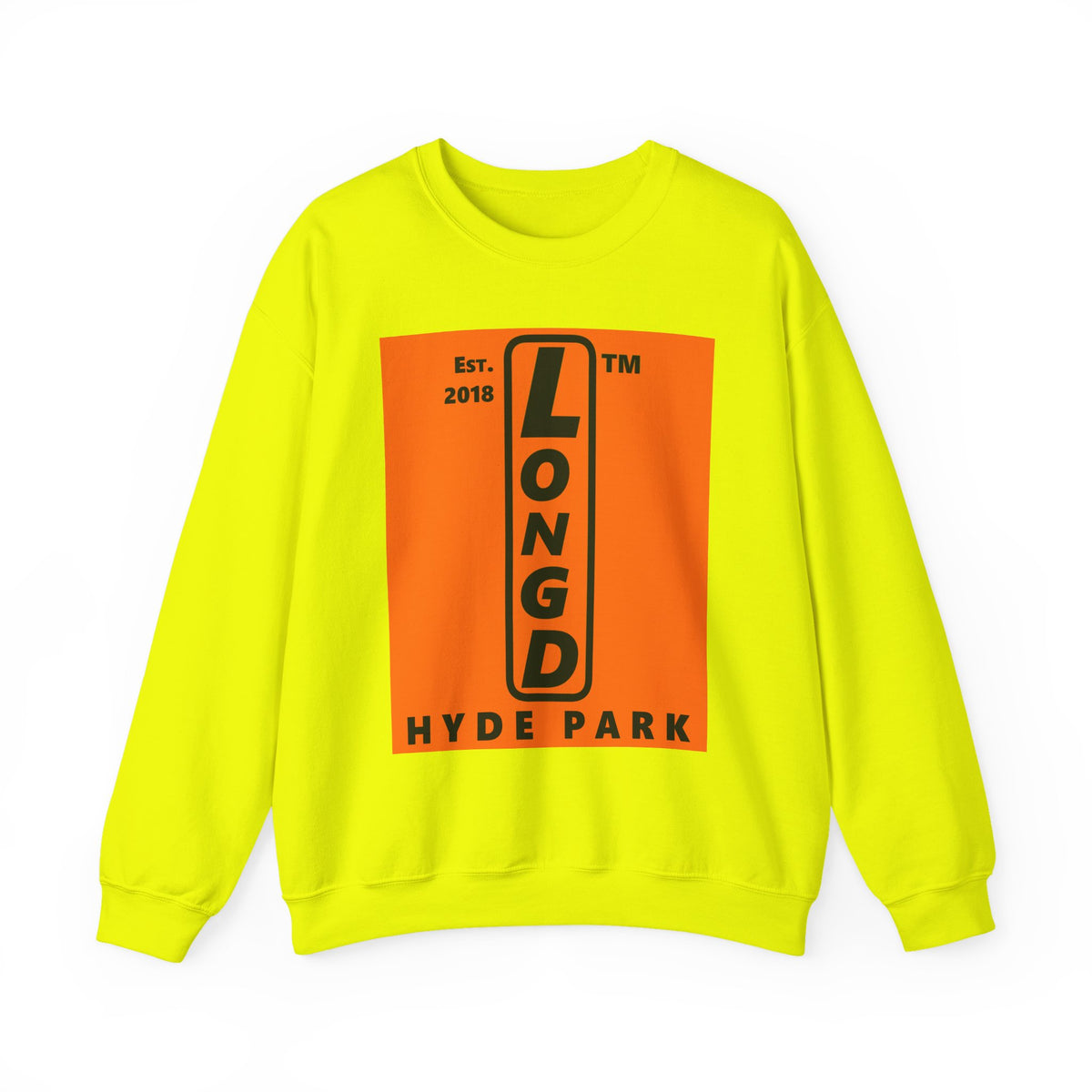 LongD Hyde Park upright logo Black (000000) on orange (FE7518) (Halloween colors) crewneck sweatshirt