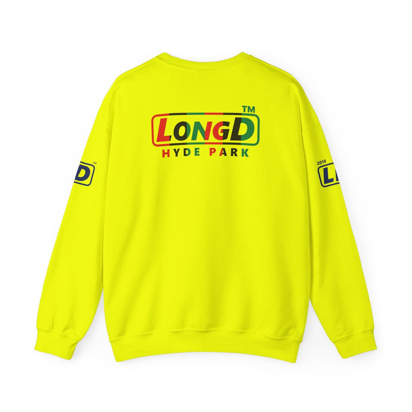 LongD positive vertical 6-striped 4-print Hyde Park logo crewneck sweatshirt (Juneteenth colors)