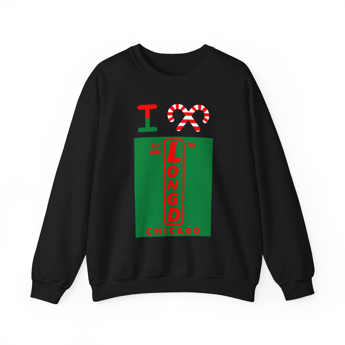 I candy cane LongD Chicago upright logo positive red on negative green crewneck sweatshirt