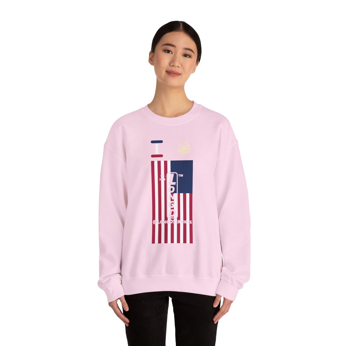 I Burst LongD negative flag tag upright logo crewneck sweatshirt
