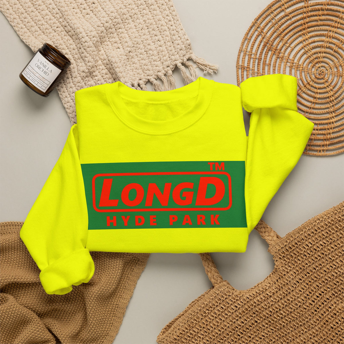 LongD Hyde Park logo positive red on negative green (Xmas colors) crewneck sweatshirt