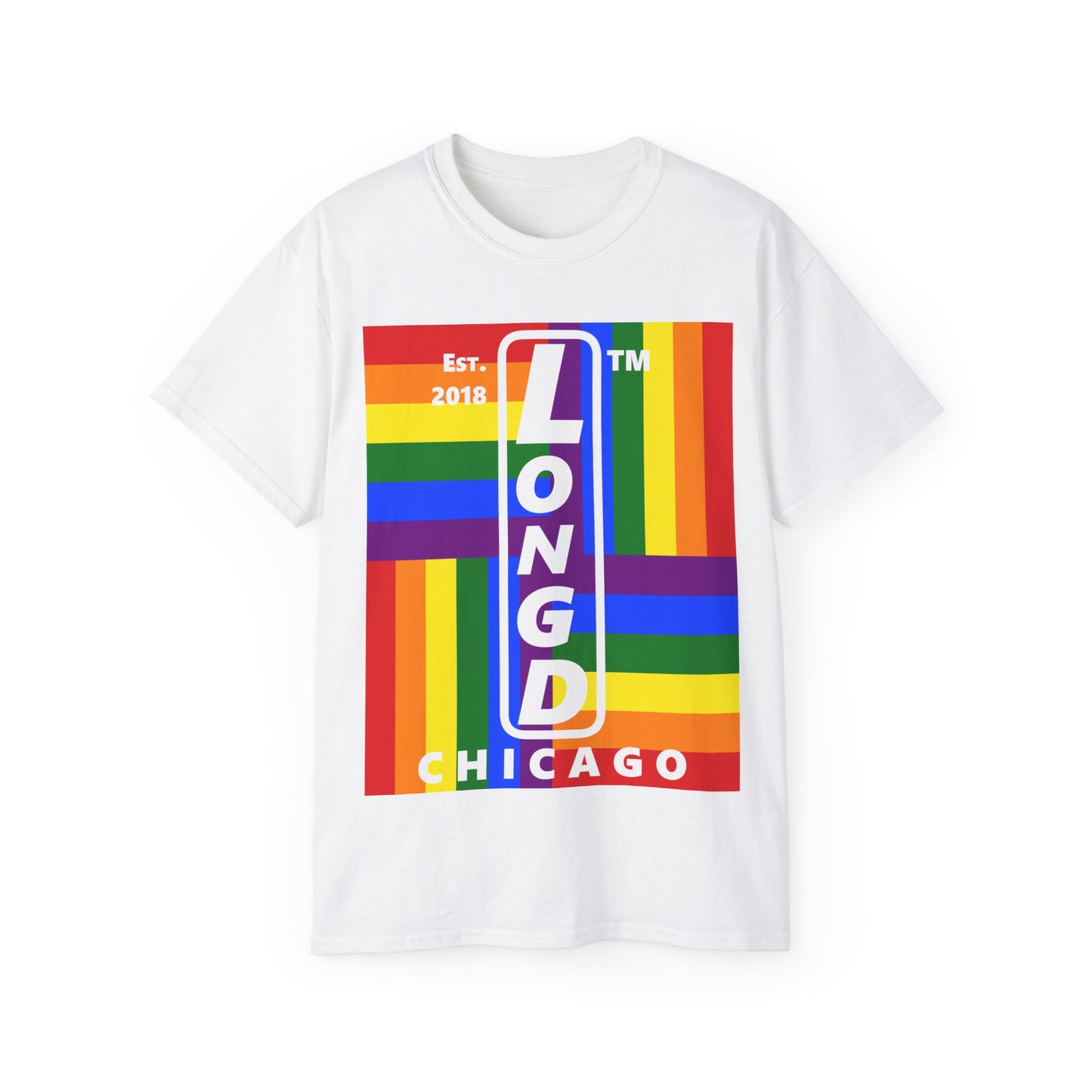 LongD Cotton Tee negative windmill Chicago upright logo (Pride colors)