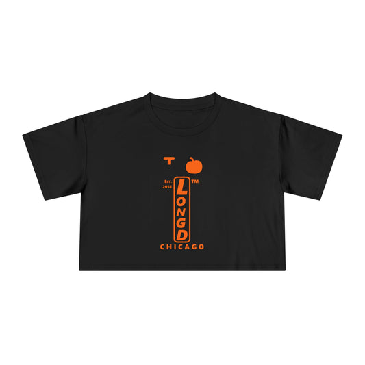 I pumpkin LongD Chicago upright logo positive orange on negative black crop tee