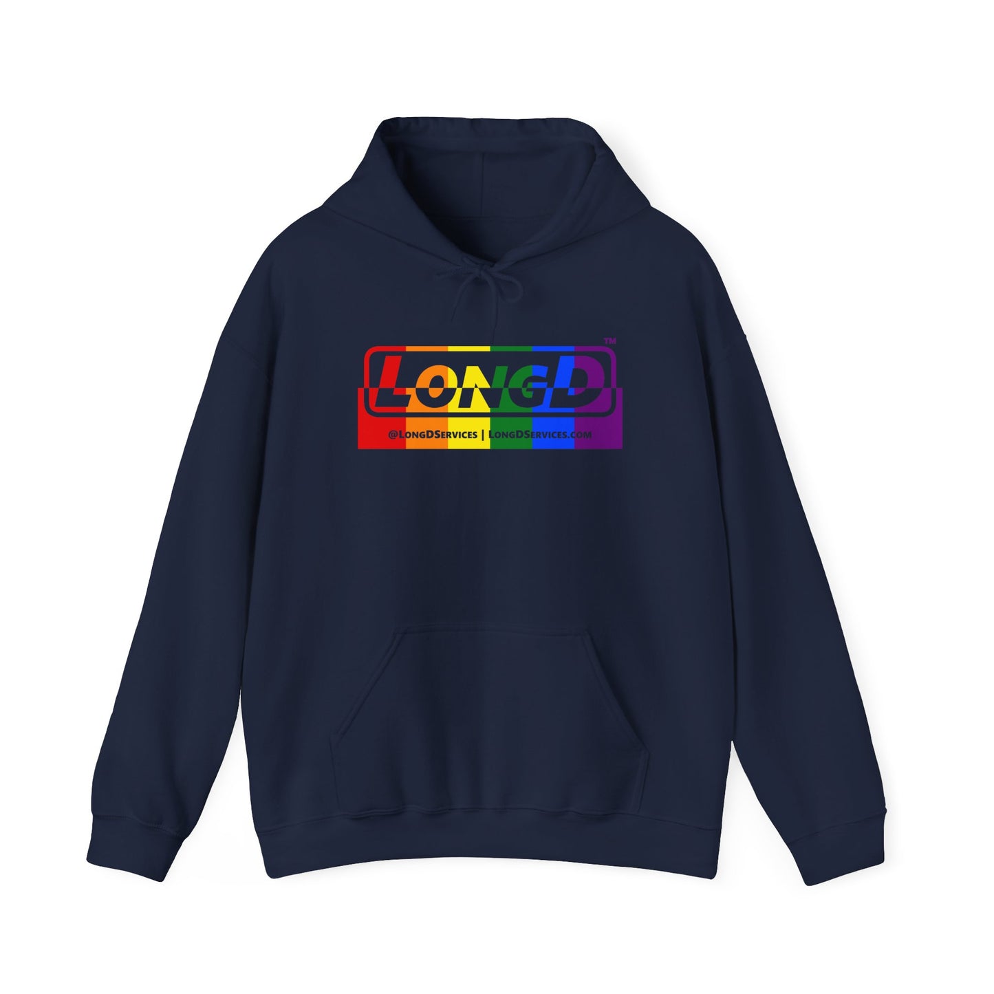 LongD® Logo Hoodie with Pride rainbow positive top negative bottom text