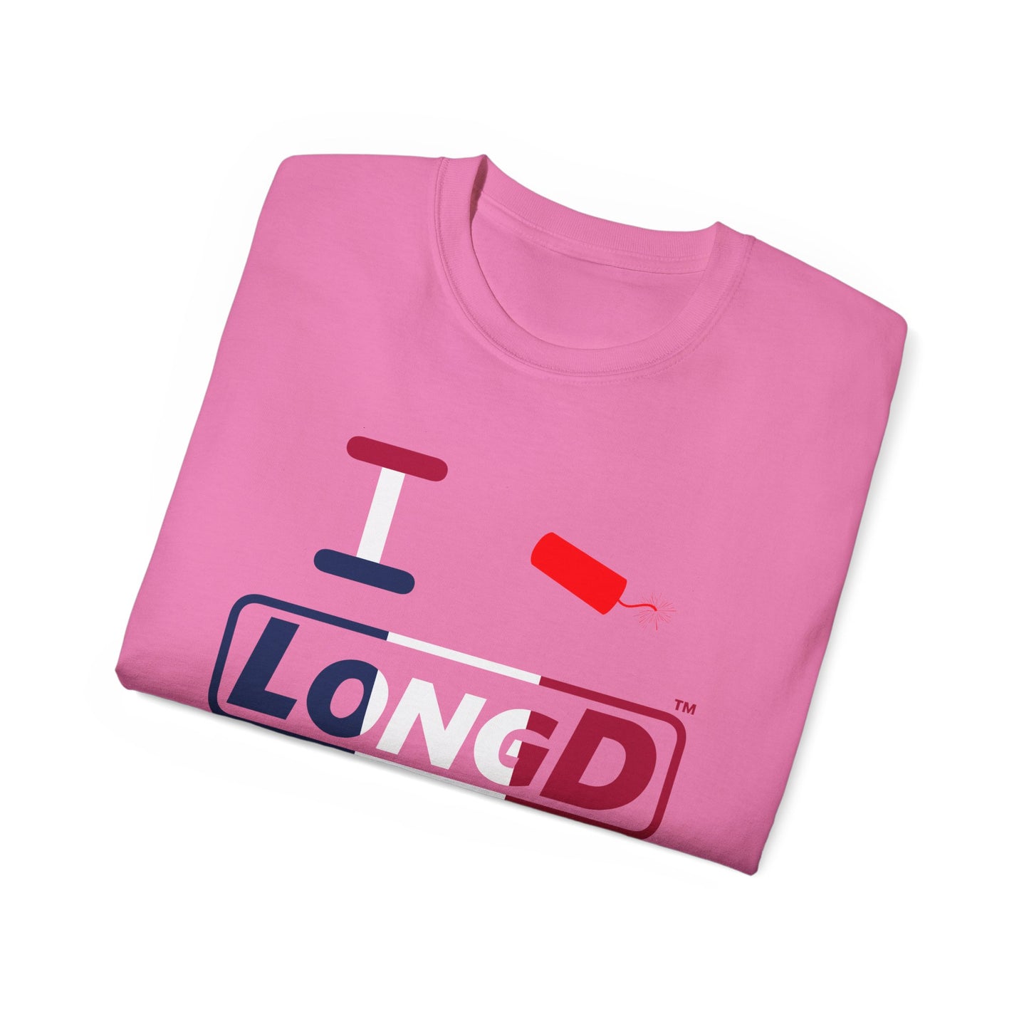 I Firecracker LongD® Logo Cotton Tee Blue, White and Red positive thirds text