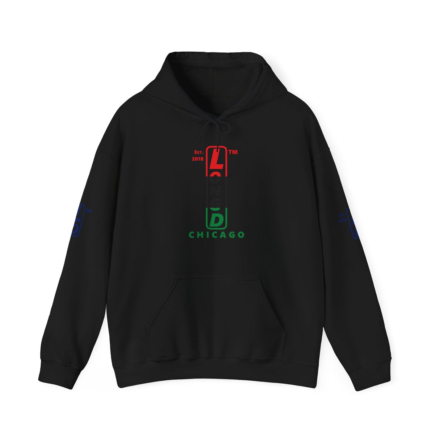 LongD® positive horizontal 3-striped Chicago 4-print upright logo hoodie (Juneteenth colors)