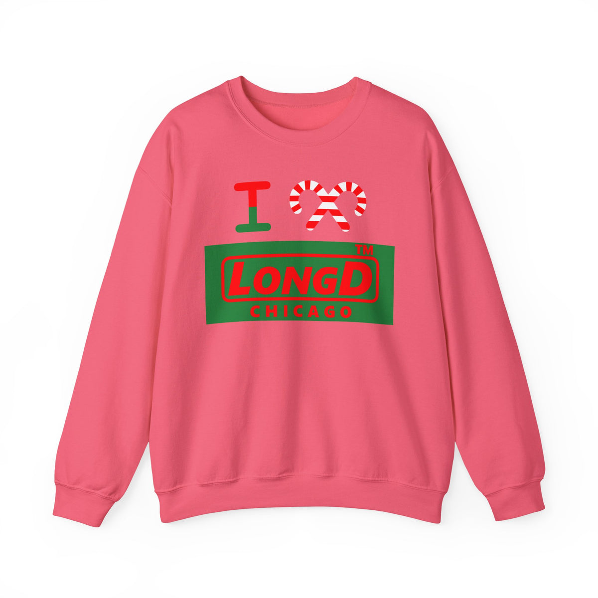 I candy cane LongD Chicago logo positive red on negative green crewneck sweatshirt