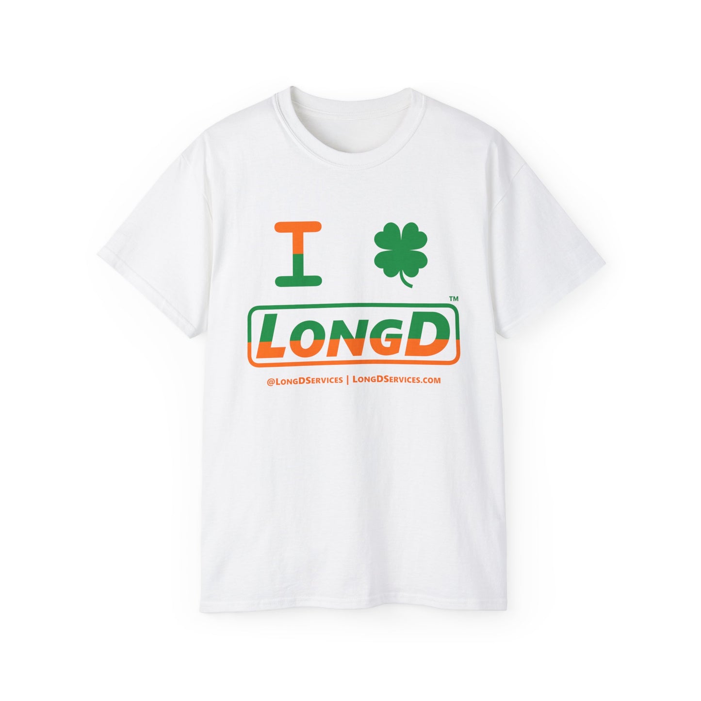 I Clover LongD® Logo Cotton Tee (St. Patrick's Day -Irish Green and Irish Orange top-bottom split with 4-leaf clover)