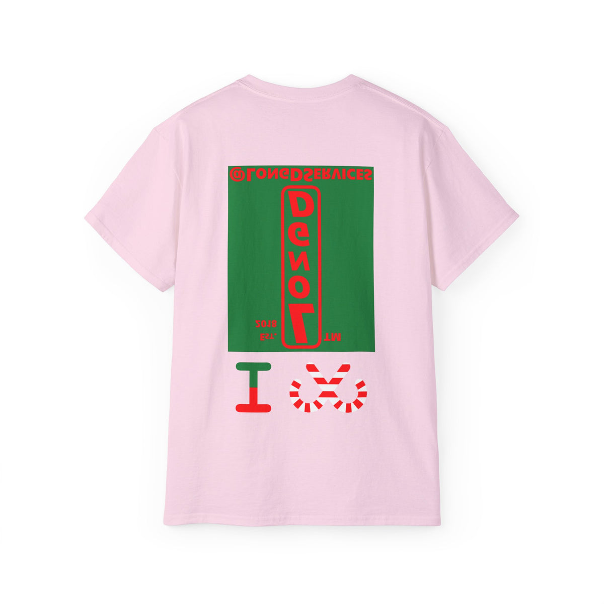 I candy cane LongD Tag upright front-back logo positive red on negative green cotton tee