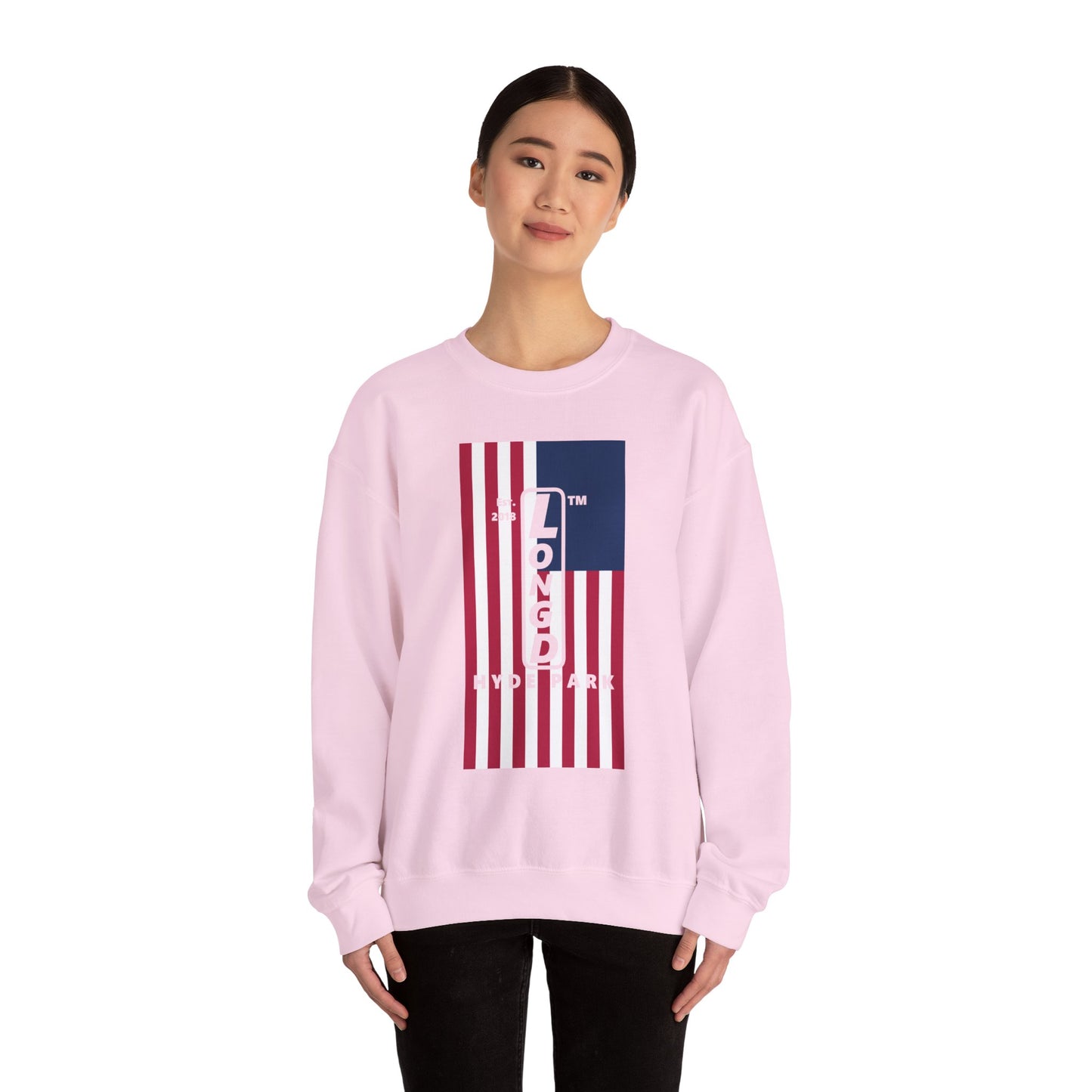 LongD negative flag Hyde Park upright logo crewneck sweatshirt (patriotic colors)