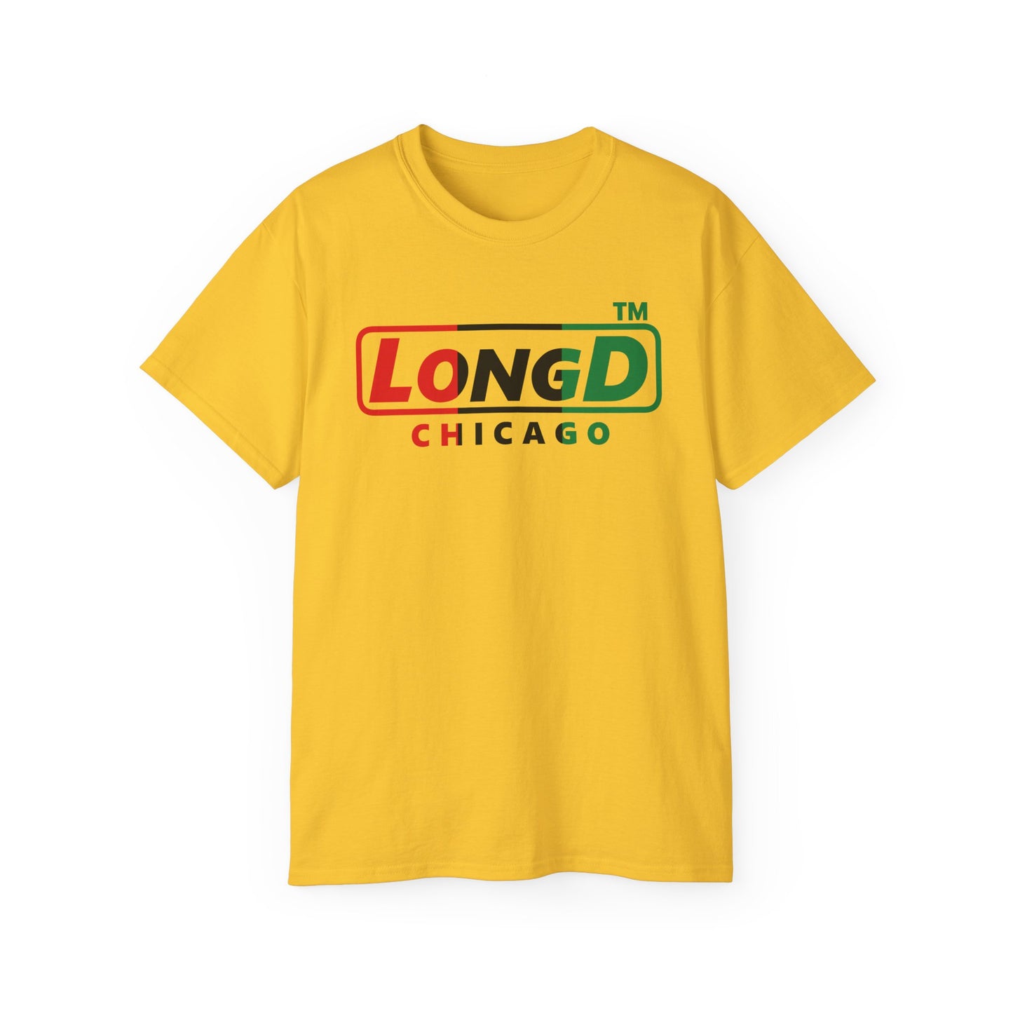 LongD positive vertical 3-striped Chicago logo cotton tee (Juneteenth colors)