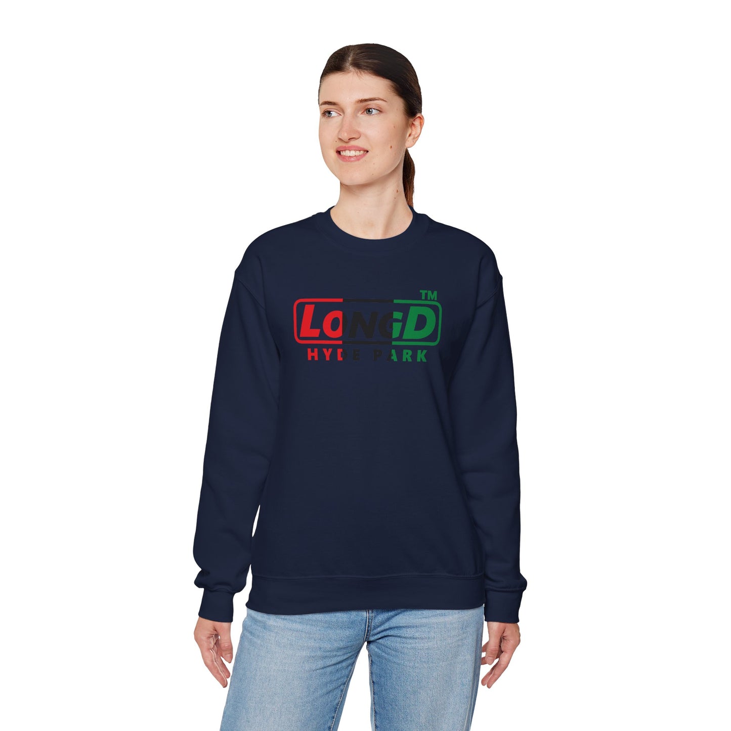 LongD positive vertical 3-striped Hyde Park logo crewneck sweatshirt (Juneteenth colors)