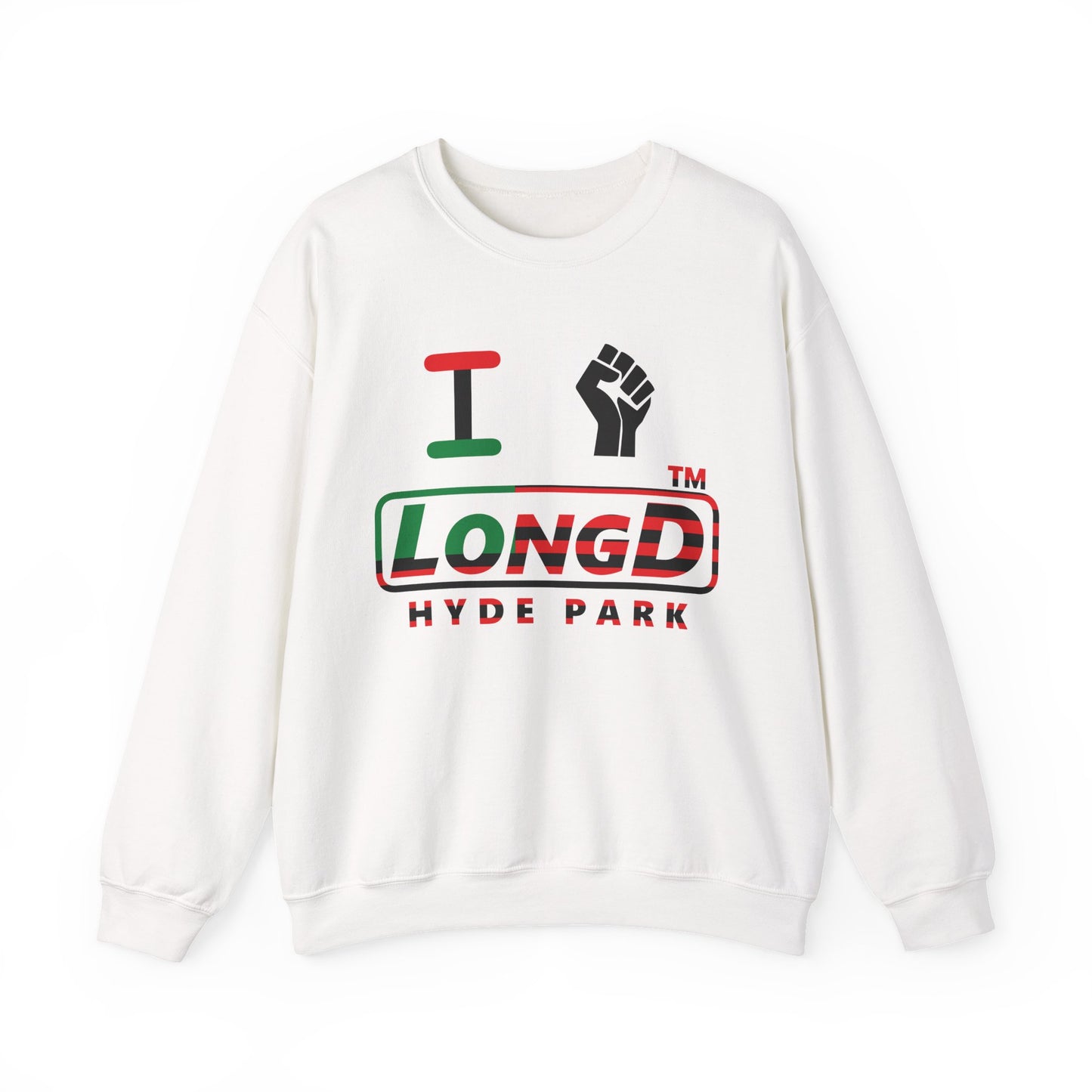 I fist LongD positive flag Hyde Park logo crewneck sweatshirt