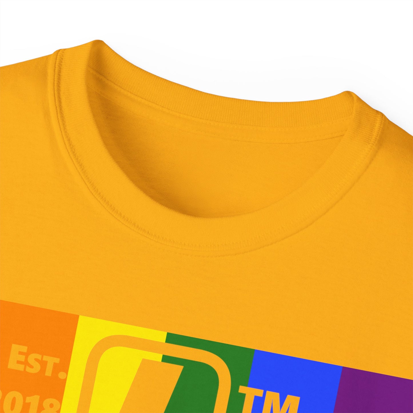 LongD Cotton Tee negative vertical striped Hyde Park upright logo (Pride colors)