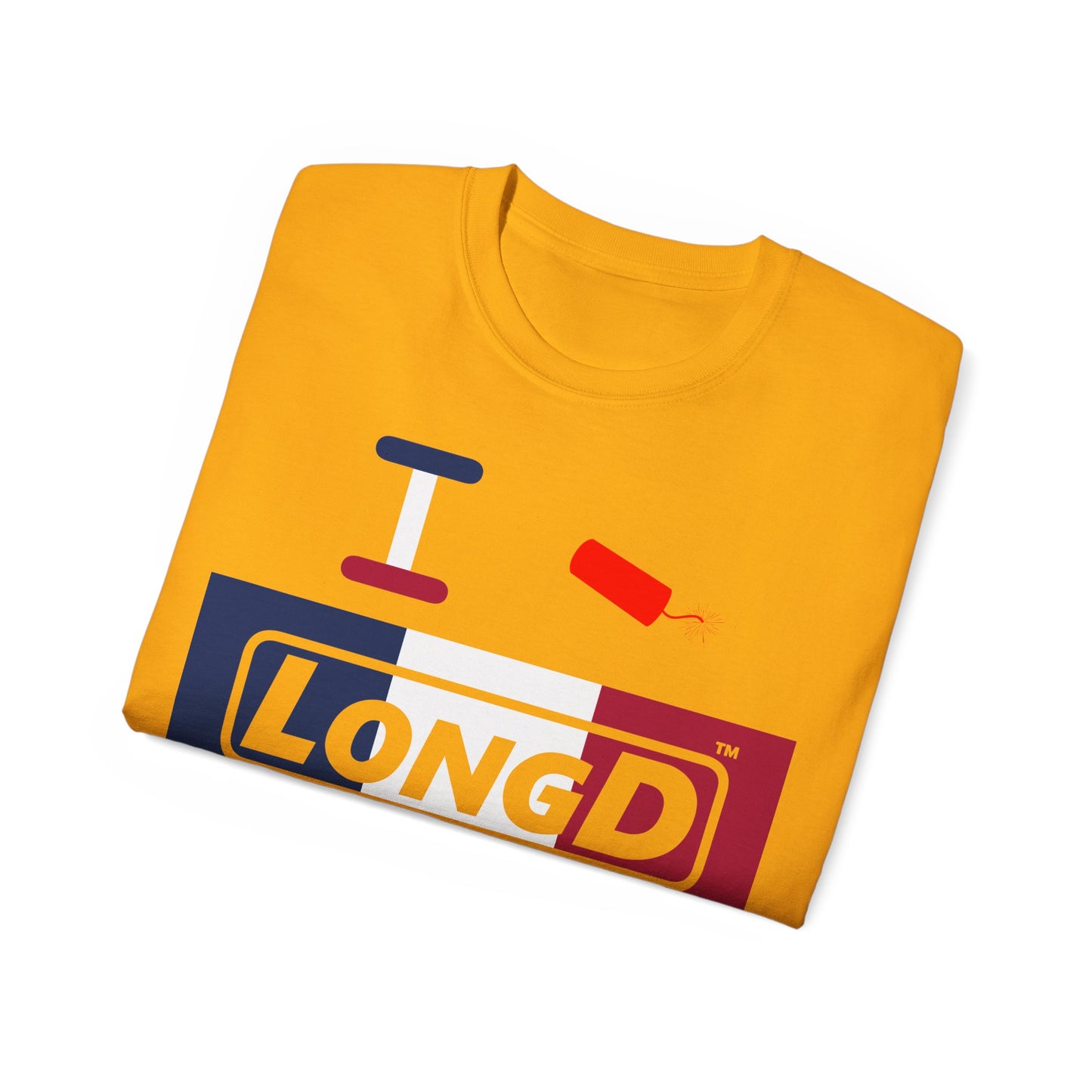 I Firecracker LongD® Logo Cotton Tee Blue, White and Red negative thirds text